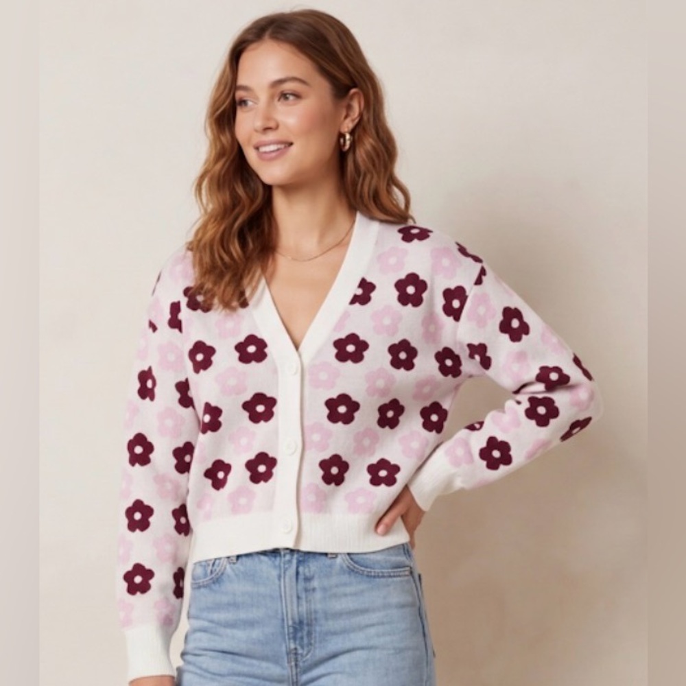 Floral V-Neck Button Cardigan - White with Pink & Burgundy Flowers